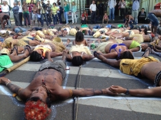 People who would be displaced by dams on Brazil's Tapajos River held a "Die-in" i front of the Ministry of Mines and Energy in 2013.