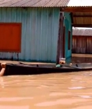 A woman navigates a boat through the flooded streets of Porto Velho, Brazil. 