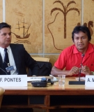 Prosecutor Felício Pontes of Brazil’s Federal Public Ministry and indigenous leader Ademir Kaba Munduruku speak at the 29th United Nations Human Rights Council in Geneva on June 24, 2015.