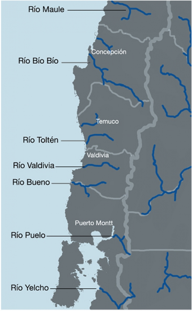 Map: Six watersheds being prioritized by Chile's energy ministry for hydroelectric development.