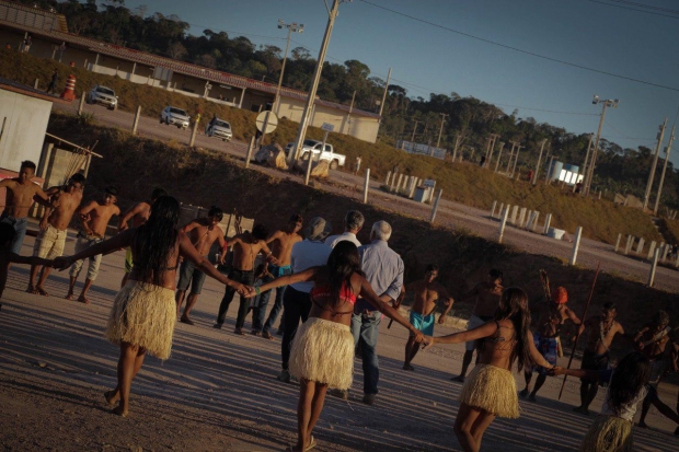 Munduruku women warriors dance at the Sao Manoel Dam site.
