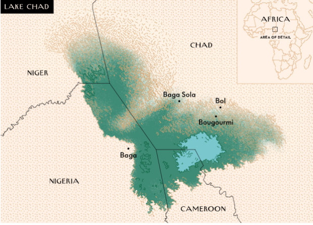 Lake Chad, which was once as large as New Jersey, has shrunk by ninety-five per cent. Much of the northern part is desert.
