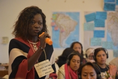 Sarah Kisita Mayala of DRC's AFECOJU speaks at the 2019 Women & Rivers Congress.