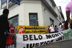 Women march in front of CCBM, the Belo Monte construction consortium, to demand an end to women trafficking and sexual violence.