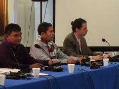 Josias Munduruku, Alaide Silva and Eduardo Baker (Justiça Global) speak at IACHR hearing in Washington, D.C. (3/28/2014)