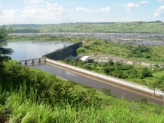 An aerial view of the semi-functional Inga dam on the Congo River.