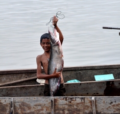 A fisherman proudly displays his catch