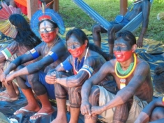 The Kayapó seated in Altamira, site of the Xingu Encounter protest against the construction of dams on the Xingu River. 