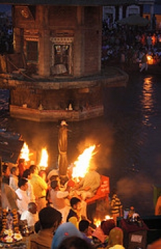 Ganga Aarti, a Hindu ritual in which light from wicks soaked in ghee or camphor is offered to one or more deities