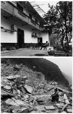 Carpenter in front of his home, before and after it was demolished