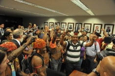 Mundurukú chiefs and warriors protest in Brazil’s lower house of Congress Tuesday Dec. 10, 2013.