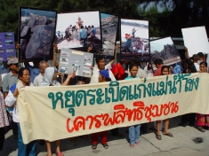 Thai villagers protest at Chinese Embassy in Bangkok to demand a halt  in blasting rapids on the Mekong for a navigation project